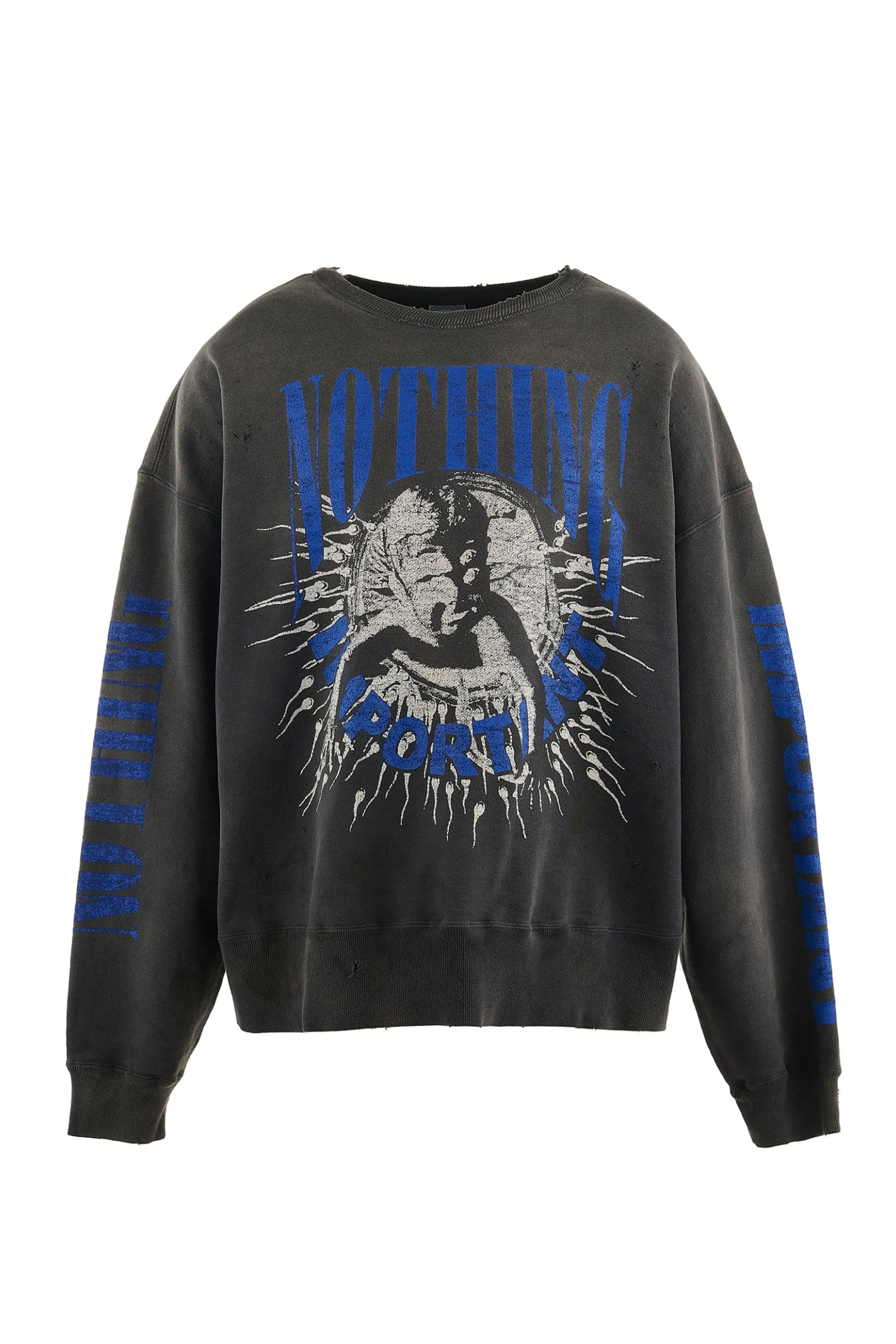 SAINT Mxxxxxx × Kosuke Kawamura KK_CRW SWT/NOTHNG IMP/BLK joint model Holy Infant Tadpole retro distressed sweatshirt, washed black S-XL Assute dyeing, genuine whole garment sprayed with horsetail fading process, collar/cuffs frayed in many places, front and rear panels/sleeves super complicated hanging grinding, heavy washing and distressing, correct fruit mark/angel mark